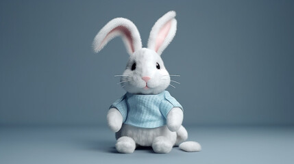 Naklejka na ściany i meble White rabbit with blue scarf on blue background.generative ai