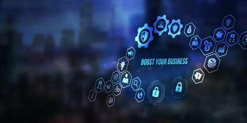 Internet, business, Technology and network concept. Young businessman shows the word: Boost your business. 3d illustration