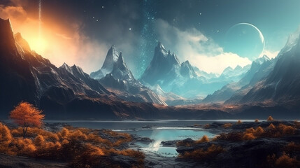 Fototapeta na wymiar Fantasy alien planet. Mountain and lake,generative ai
