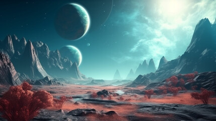 Fantasy alien planet. Mountain and lake,generative ai