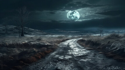 Fototapeta na wymiar Full moon over a dirt road in the forest.generative ai