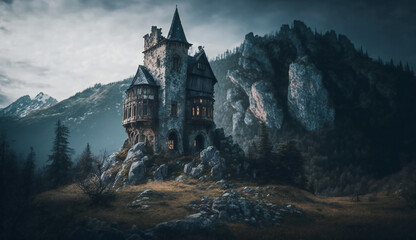 Das geheimnisvolle Schloss: AI-generiertes Bild eines verlassenen Schlosses in den majestätischen Bergen