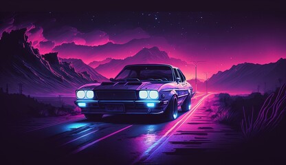 Fototapeta na wymiar Car on highway, illustration with purple colors in synthwave and Vaporwave style, Generative AI