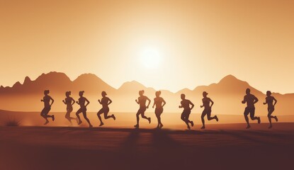 Group of people running in the desert at sunset, Runners on marathon in the desert, Generative AI