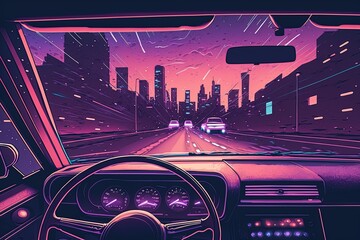 Obraz na płótnie Canvas Car interior illustration on city highway with purple colors in synthwave and Vaporwave style, Generative AI