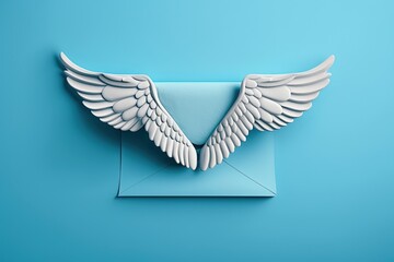 Obraz premium Envelope with wings, concept of sending email blue background, Generative AI