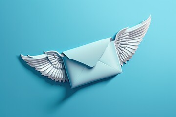 Envelope with wings, concept of sending email blue background, Generative AI