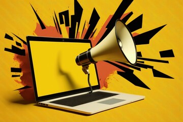 Laptop with megaphone on screen, marketing concept, yellow background, Generative AI