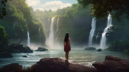 Fototapeta premium Beautiful woman in a long white dress in front of a waterfall.generative ai