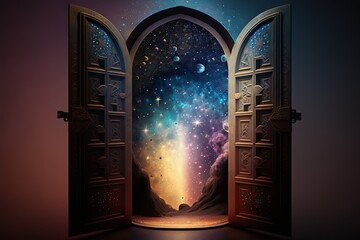 Open door in arabic style overlooking the middle eastern landscape, Generative AI