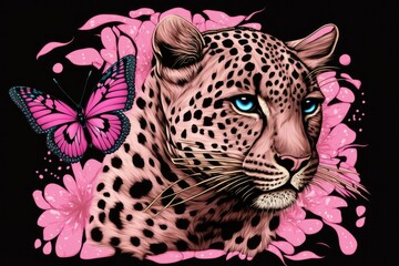 leopard with striking blue eyes and a delicate pink flower. Generative AI