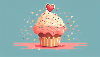 Cute Flat Design Valentines Day Cupcake, Generative AI