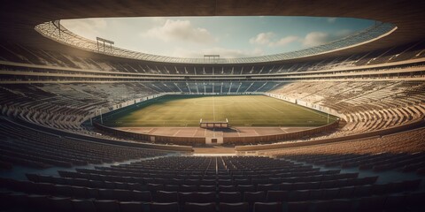Obraz premium Football stadium with green grass and backlight. Soccer. Panoramic view of soccer field stadium and stadium seats. Generative AI