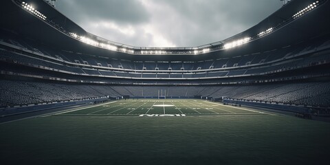 Football stadium with green grass and backlight. Soccer. Panoramic view of soccer field stadium and stadium seats. Generative AI