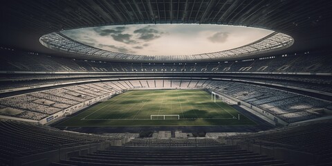 Obraz na płótnie Canvas Football stadium with green grass and backlight. Soccer. Panoramic view of soccer field stadium and stadium seats. Generative AI
