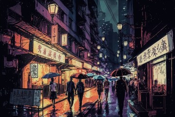 people walking on a rainy day while holding umbrellas on a city street. Generative AI