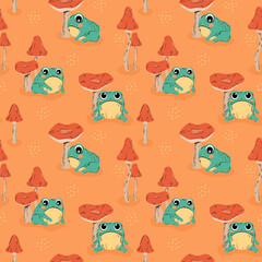 Żaby i muchomory. Zabawny powtarzalny wzór w małe zielone ropuchy i grzyby. Pomarańczowe tło. Ilustracja wektorowa.