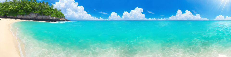 Fototapeta premium Panorama of ocean beach on a sunny day with waves crashing on the shore. Seascape illustration with sand beach, turquoise water, big rock covered with greenery, sun and sky with clouds. Generative AI