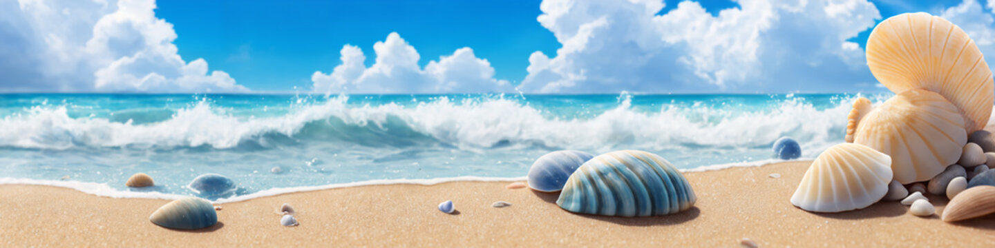 Panorama of ocean beach on a sunny day with big and small shells and sea stones. Seascape illustration with sand beach, waves, turquoise water and sky with white clouds. Generative AI