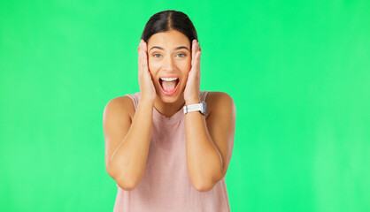 Fototapeta na wymiar Shock, surprise and face of woman on green screen for good news, announcement and discount in studio. Excited, happy and portrait of isolated girl smile with shocked, wow and omg facial expression