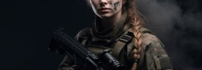 Fototapeta premium Portrait of a woman in a military uniform with a machine gun on a dark background.generative ai
