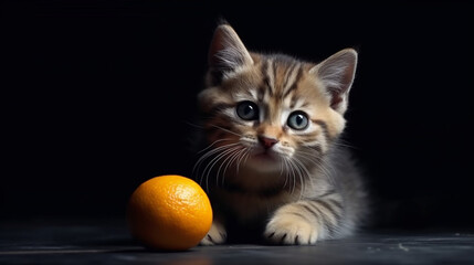 Cute siberian kitten with orange in studio on black background.generative ai