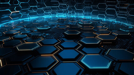 Naklejka premium Abstract technology background with hexagons and glowing lines.generative ai