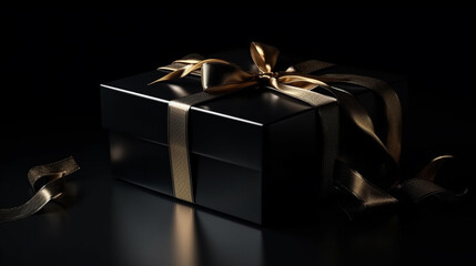 Black gift box with gold ribbon bow on black background.generative ai