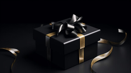 Black gift box with gold ribbon bow on black background.generative ai