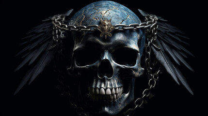 Fototapeta premium Human skull with chain on a dark background.generative ai