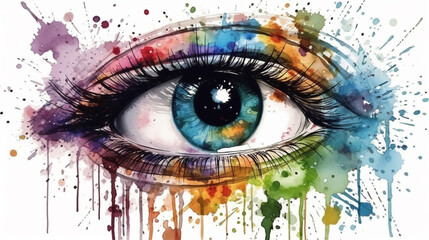 Colorful watercolor splashes on female eye. generative ai