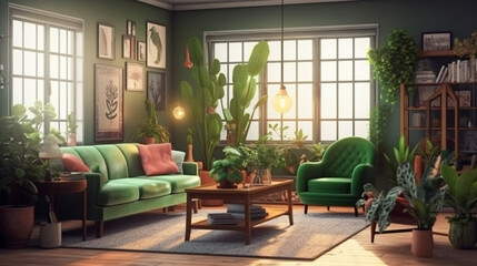 Fototapeta na wymiar interior with green sofa and armchair.generative ai