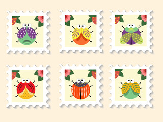 Set with a collection of stamps with bugs. Vector flat illustration. For stickers, diaries, mail envelopes and other decor.