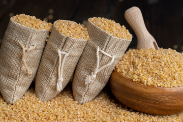Fresh wheat porridge in a linen bag