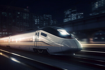 High Speed Train At Station And Blurred Cityscape At Night On Background Digital Illustration Of Non Existing Train Model, Made Using Generative Ai