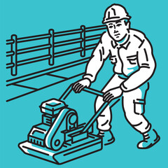 転圧機で土地（地盤）または道路の舗装工事を行う男性作業員