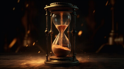 Time concept. Hourglass with sand on dark toned foggy background.generative ai