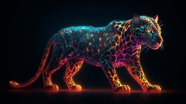 Neon leopard on a dark background.generative ai