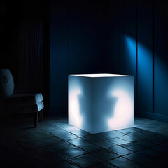 a white light cube in a dark blue room