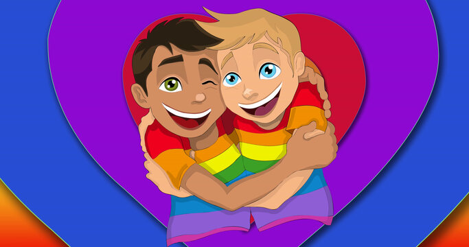 Image of gay male couple over rainbow heart background