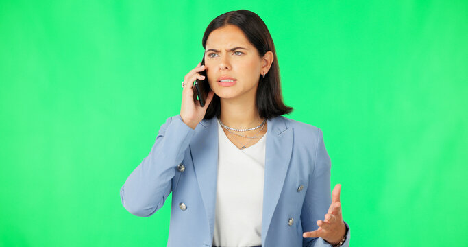 Frustrated business woman on green screen, phone call and angry conversation with office conflict in studio. Anger, crisis and businesswoman with smartphone, crm conversation on problem or mistake.