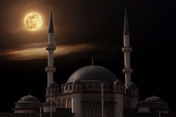 Fototapeta na wymiar A full moon is seen over a taksim mosque in istanbul.