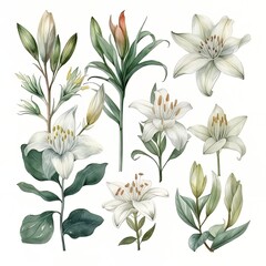 Natural Harmony. Tranquil Watercolor Botanical Illustration. White Lily. AI Generated