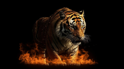 Obraz premium Siberian Tiger on a black background with a burning fire.generative ai