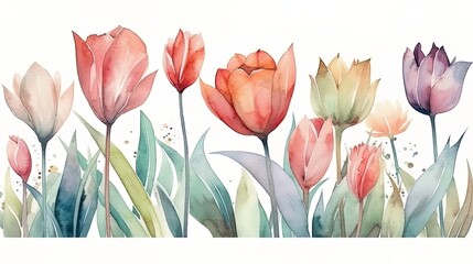 Various tulips painted in watercolor bohemian and vintage effect. Cheerful colors and pastel colors. AI generated