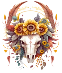 Fototapete Boho Bull skull with flowers, boho and gothic style, isolated ai art