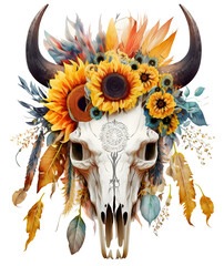 Bull skull with flowers, boho and gothic style, isolated ai art