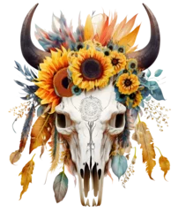 Papier peint Boho Bull skull with flowers, boho and gothic style, isolated ai art