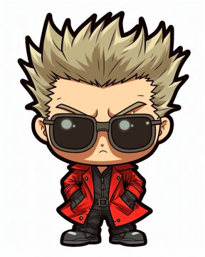funny cartoon character,Vash in chibi form: Create an adorable sticker design of Vash in a chibi or super deformed style. Created using generative AI.