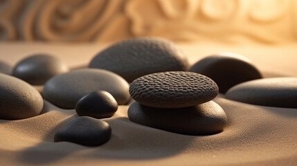 Fototapeta na wymiar Stones in sand on the beach at sunset. generative ai